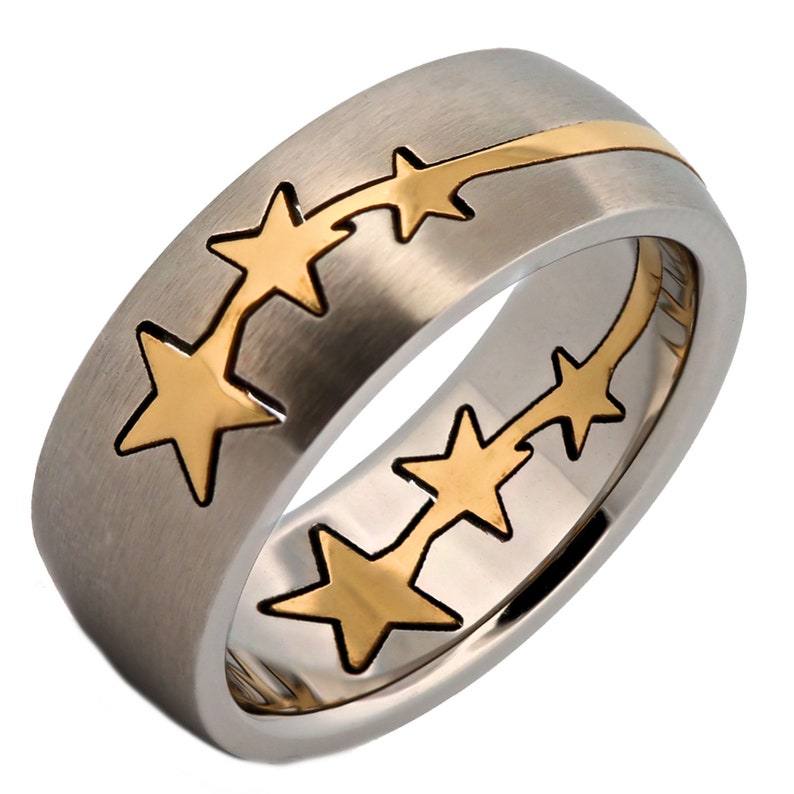 Stainless Steel Gold Stars Puzzle Ring 2 parts 8mm Brushed ring polished stars imagem 3