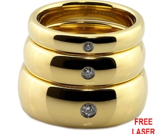 Gold Plated Polished Tungsten Carbide 4, 6 or 8mm Wedding Band Classic Half Dome Single Cubic Zirconia. FREE LASER ENGRAVING