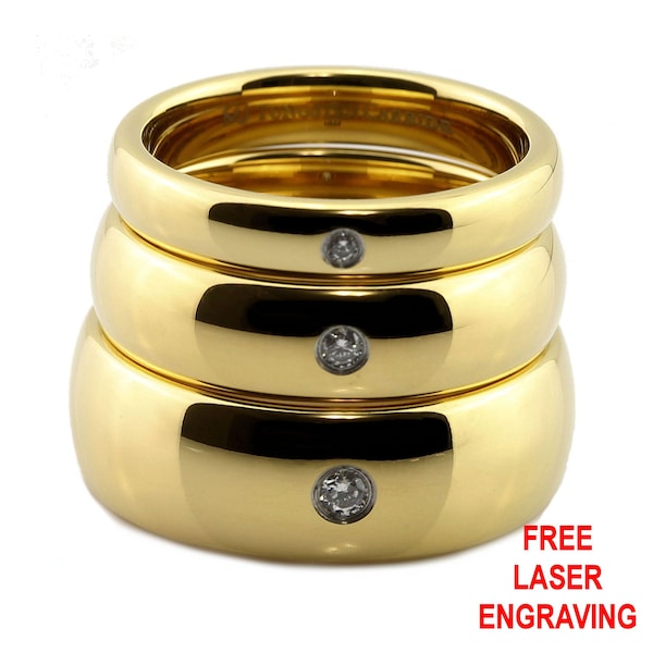 Gold Plated Polished Tungsten Carbide 4, 6 or 8mm Wedding Band Classic Half Dome Single Cubic Zirconia. FREE LASER ENGRAVING