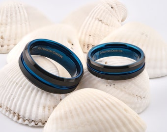 Tungsten Carbide Wedding Band 6mm or 8mm Black and Blue Plated With Blue Stripe Ring. Free Inside Laser Engraving