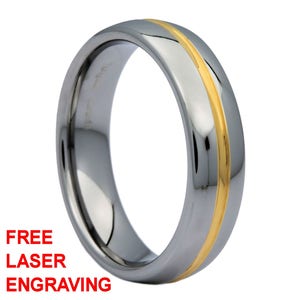 6mm or 8mm Gold Plated Center Groove Ring Tungsten Carbide High Polished Band. Free Inside Laser Engraving