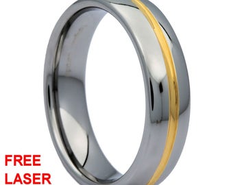 6mm or 8mm Gold Plated Center Groove Ring Tungsten Carbide High Polished Band. Free Inside Laser Engraving