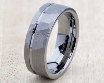 Tungsten Carbide Wedding Band brushed Hammered offset groove 8mm Ring Comfort fit. Free Laser engraving