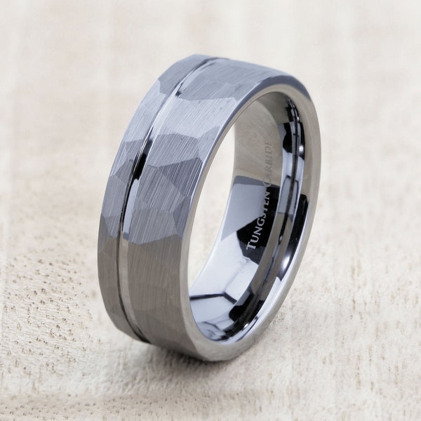 Tungsten Carbide Wedding Band brushed Hammered offset groove 8mm Ring Comfort fit. Free Laser engraving