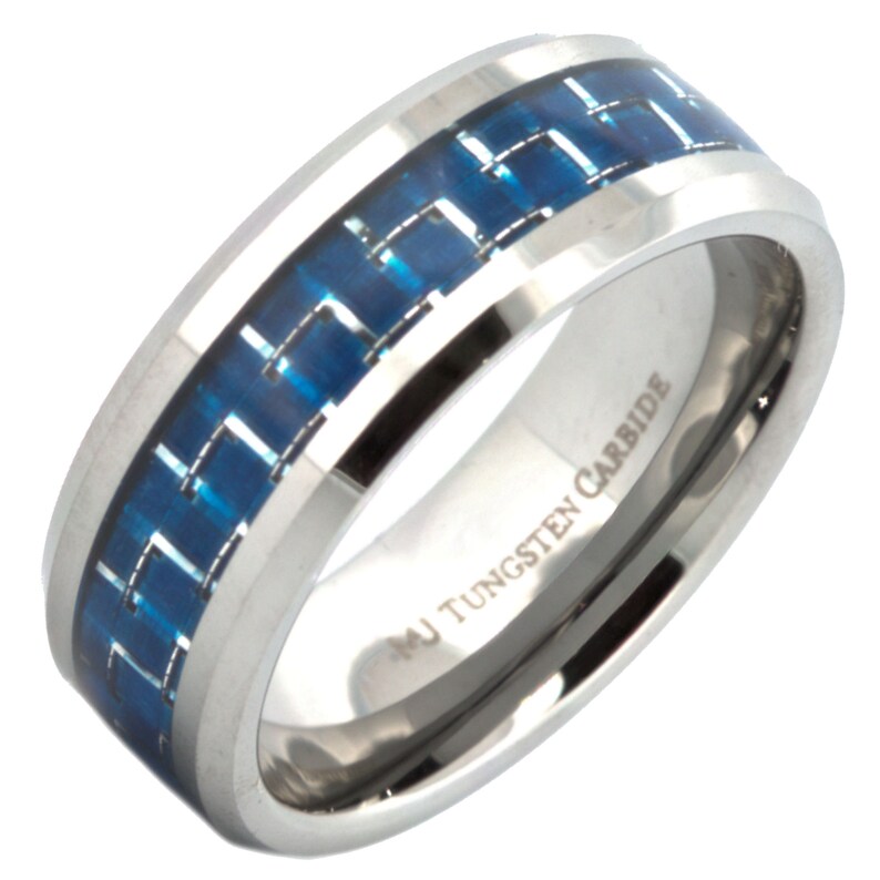 Tungsten Carbide ring 8mm Mirror Polished or Black Plated Wedding Band Blue & White Carbon Fiber Inlay. FRE LASER ENGRAVING Polished