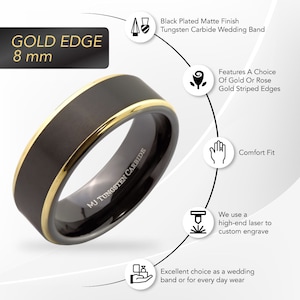 Brushed Black Tungsten Carbide Ring Wedding Band Polished Gold or Rose Gold Edges Comfort Fit Free Engraving image 7