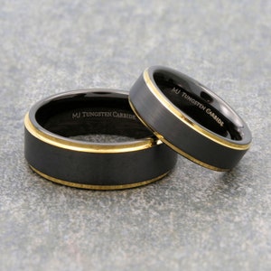 Black Tungsten Carbide Wedding Band Matte Finish with Gold, Rose Gold, Polished and Solid Black Edges Ring. 6mm or 8mm width FREE ENGRAVING