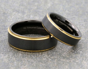 Black Tungsten Carbide Wedding Band Matte Finish with Gold, Rose Gold, Polished and Solid Black Edges Ring. 6mm or 8mm width FREE ENGRAVING