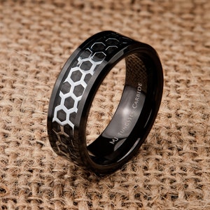 Tungsten Carbide Ring Hexagon over Black Carbon Fiber inlay Wedding Band 6mm or 8mm Comfort Fit FREE LASER ENGRAVING