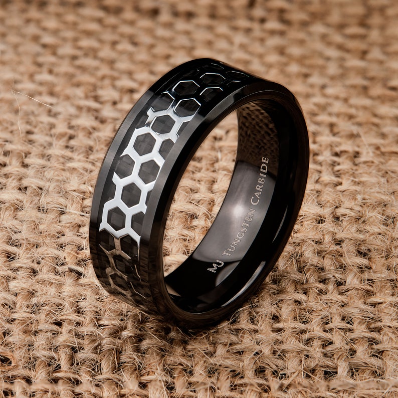 Tungsten Carbide Ring Hexagon over Black Carbon Fiber inlay Wedding Band 6mm or 8mm Comfort Fit FREE LASER ENGRAVING image 1