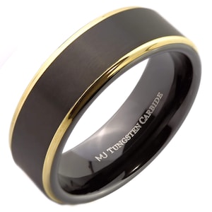 Black Tungsten Carbide Wedding Band Matte Finish with Gold, Rose Gold, Polished and Solid Black Edges Ring. 6mm or 8mm width FREE ENGRAVING 8mm-Gold Edge
