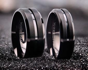 Black Plated Stainless Steel Brushed Style Ring Super Popular and Comfortable rounded edges 4, 6 or 8mm width