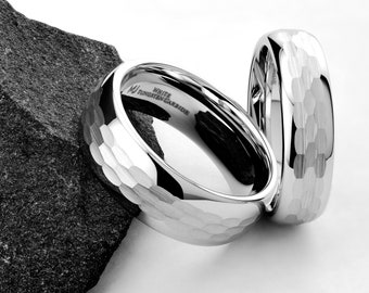 White Tungsten Carbide Hammered Center 6mm or 8mm Wedding Band Ring. Free Inside Laser Engraving