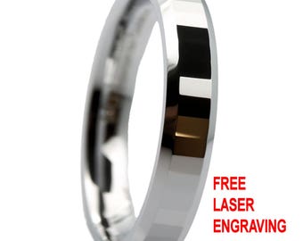 White Tungsten Carbide 4mm Polished Center Tiled Wedding Ring. Black Ring Box Included With Each Ring. Free Inside Laser Engraving