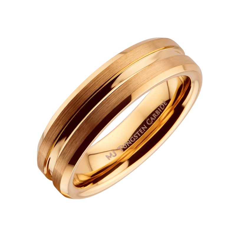 Brushed Gold Plated 6mm or 8mm Tungsten Carbide Band Ring. Choose from Flat or Grooved Center or Black Plated Band Design image 3