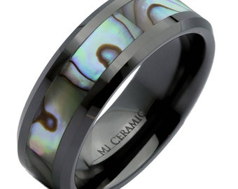 8MM Black Ceramic Abalone Inlay Wedding Band Ring