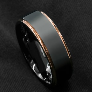 Brushed Black Tungsten Carbide Ring Wedding Band Polished Gold or Rose Gold Edges Comfort Fit Free Engraving