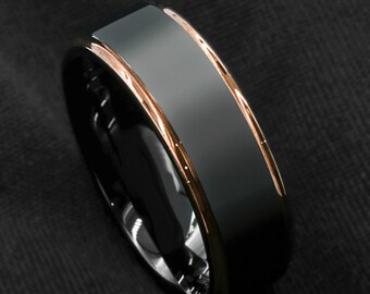 Brushed Black Tungsten Carbide Ring Wedding Band Polished Gold or Rose Gold Edges Comfort Fit Free Engraving