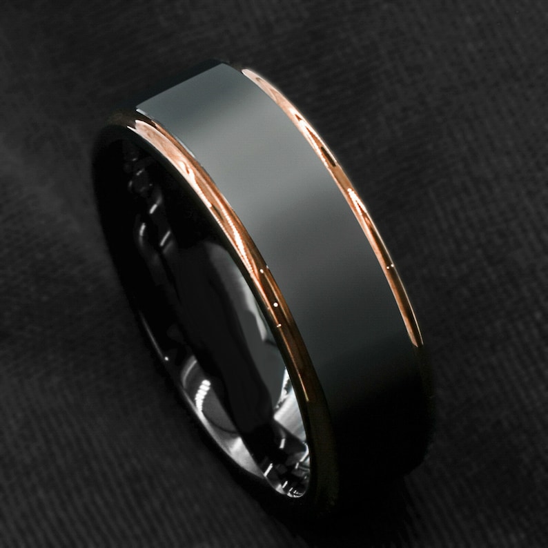 Brushed Black Tungsten Carbide Ring Wedding Band Polished Gold or Rose Gold Edges Comfort Fit Free Engraving image 1