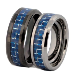 Tungsten Carbide ring 8mm Mirror Polished or Black Plated Wedding Band Blue & White Carbon Fiber Inlay. FRE LASER ENGRAVING image 1