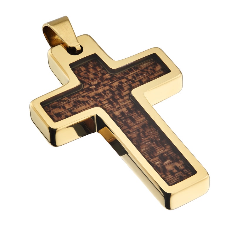 Tungsten Carbide Hawaiian Koa Wood Cross Pendant Necklace Stainless Steel Cuban Chain. Free Laser Engraving Gold