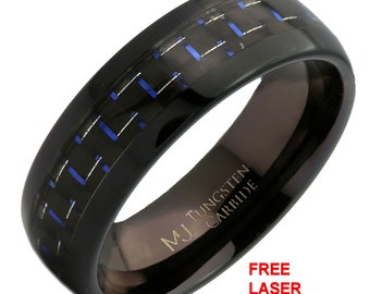 8mm or 10mm Tungsten Carbide Black Plated Band With Black and Blue Carbon Fiber Inlay Ring. Free Inside Laser Engraving