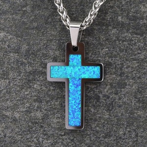 Tungsten Carbide Opal Inlay Cross Pendant Necklace Stainless Steel Cuban Chain. Free laser engraving. image 5