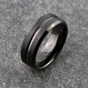 Black Plated Tungsten Carbide Wedding Ring 6mm or 8mm width brushed with polished edges and center groove. Custom Laser Engraving included image 1