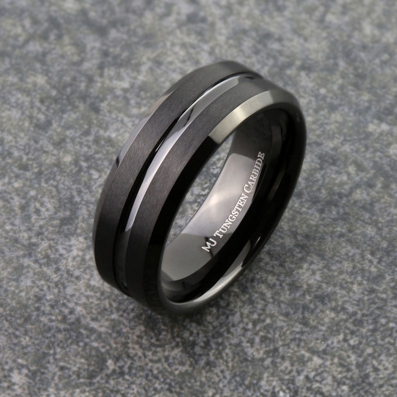 Black Plated Tungsten Carbide Wedding Ring 6mm or 8mm width brushed with polished edges and center. Custom Laser Engraving included 