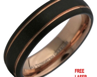 Tungsten Carbide 6mm Rose Gold and Black Plated 2 Stripes Wedding Ring. Free Laser Engraving.