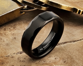 Black Plated Tungsten Carbide Ring with Geometric Multi Faceted Design 6mm width. Free Laser Engraving