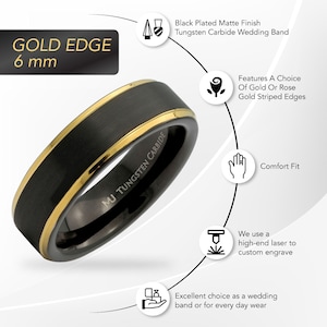 Brushed Black Tungsten Carbide Ring Wedding Band Polished Gold or Rose Gold Edges Comfort Fit Free Engraving Gold 6mm