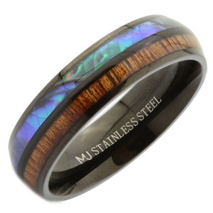 Stainless Steel Black Plated or Polished 6mm or 8mm Real Koa Wood and Abalone Inlay. FREE LASER ENGRAVING Black Plated 6mm