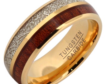 Real Koa Wood and Faux Meteorite Inlay - Gold Plated 8mm Tungsten Carbide Wedding Band Ring. Free Laser Engraving.