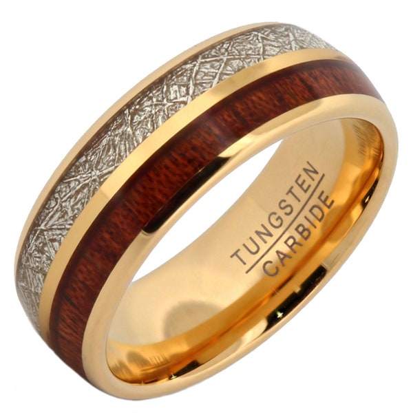 Anillo de boda de carburo de tungsteno de 8 mm chapado en oro con incrustaciones de meteorito sintético y madera de koa auténtica. Grabado láser gratuito.