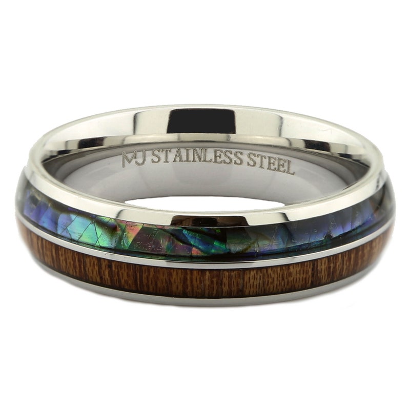 Stainless Steel Black Plated or Polished 6mm or 8mm Real Koa Wood and Abalone Inlay. FREE LASER ENGRAVING image 8
