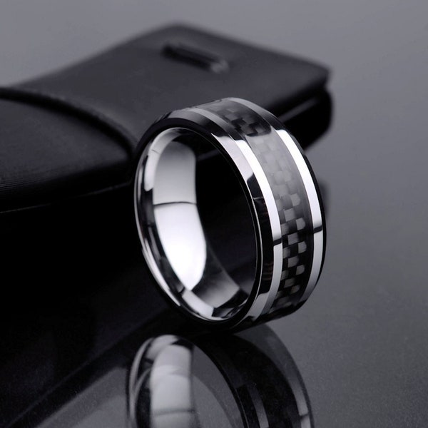 Anillo de bodas de carburo de tungsteno chapado en negro o pulido espejo con incrustaciones de fibra de carbono negro Confort Anchos disponibles de 6 mm u 8 mm