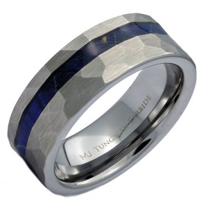 Men's Hammered Brushed Tungsten Carbide Sapphire Blue Wood Inlay Ring 8mm Comfort Fit, Free Engraving image 5