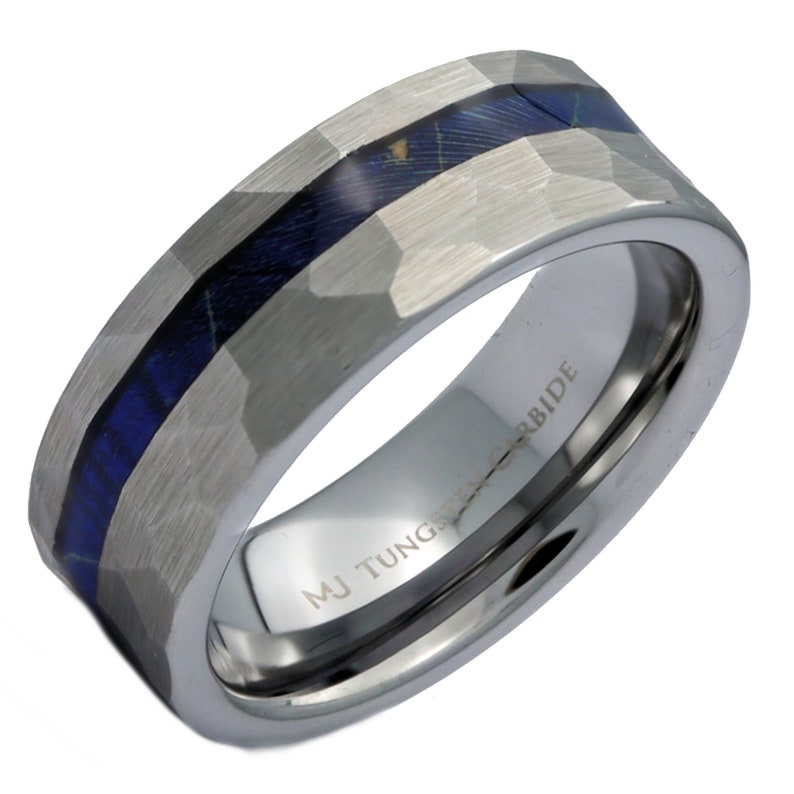 Men's Hammered Brushed Tungsten Carbide Sapphire Blue Wood Inlay Ring 8mm Comfort Fit, Free Engraving Hammered