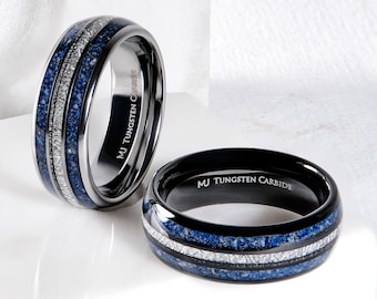 Tungsten Carbide 8mm Wedding Band Polished or Black Plated Finish with Lapis Lazuli and Faux Meteorite Inlay. FREE LASER ENGRAVING