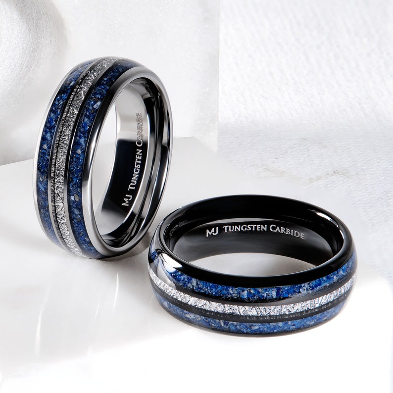 Tungsten Carbide 8mm Wedding Band Polished or Black Plated Finish with Lapis Lazuli and Faux Meteorite Inlay. FREE LASER ENGRAVING image 1