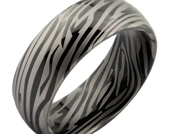 8mm Tungsten Carbide Wedding Band Black and White Striped Zebra Pattern.