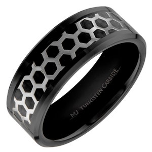 Tungsten Carbide Ring Hexagon over Black Carbon Fiber inlay Wedding Band 6mm or 8mm Comfort Fit FREE LASER ENGRAVING image 6