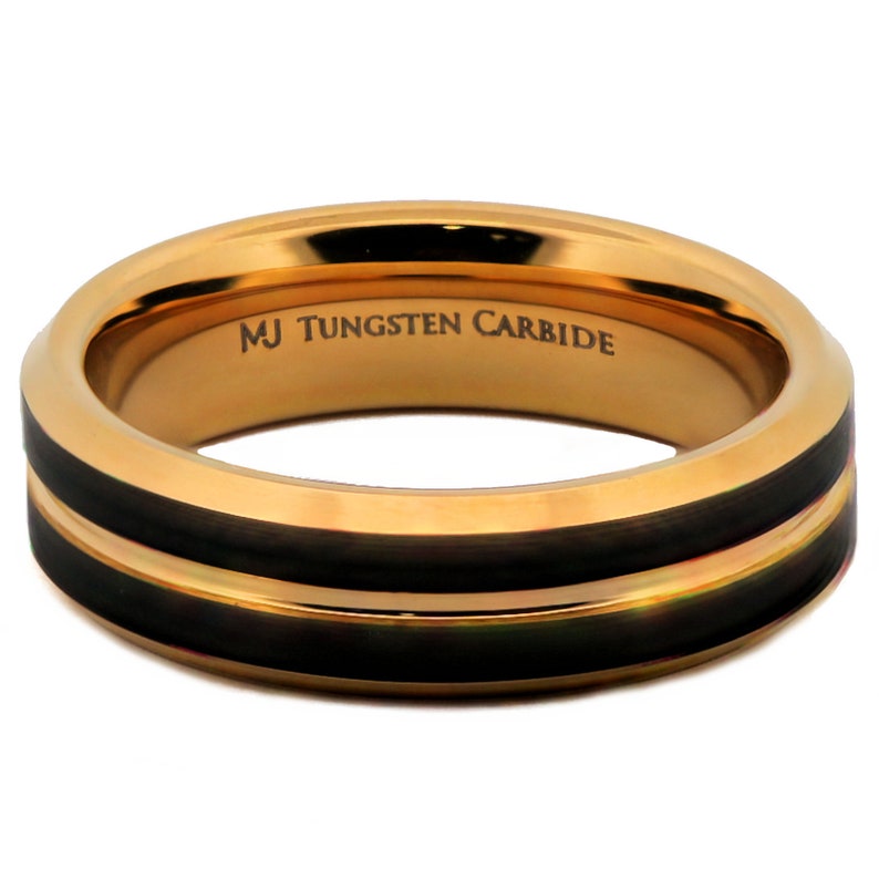 Tungsten Carbide 8mm Gold Plated Wedding Band with a Black Plated Face Ring. FREE LASER ENGRAVING image 4