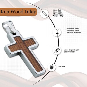 Tungsten Carbide Hawaiian Koa Wood Cross Pendant Necklace Stainless Steel Cuban Chain. Free Laser Engraving image 2