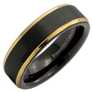 Black Tungsten Carbide Wedding Band Matte Finish with Gold, Rose Gold, Polished and Solid Black Edges Ring. 6mm or 8mm width FREE ENGRAVING image 3