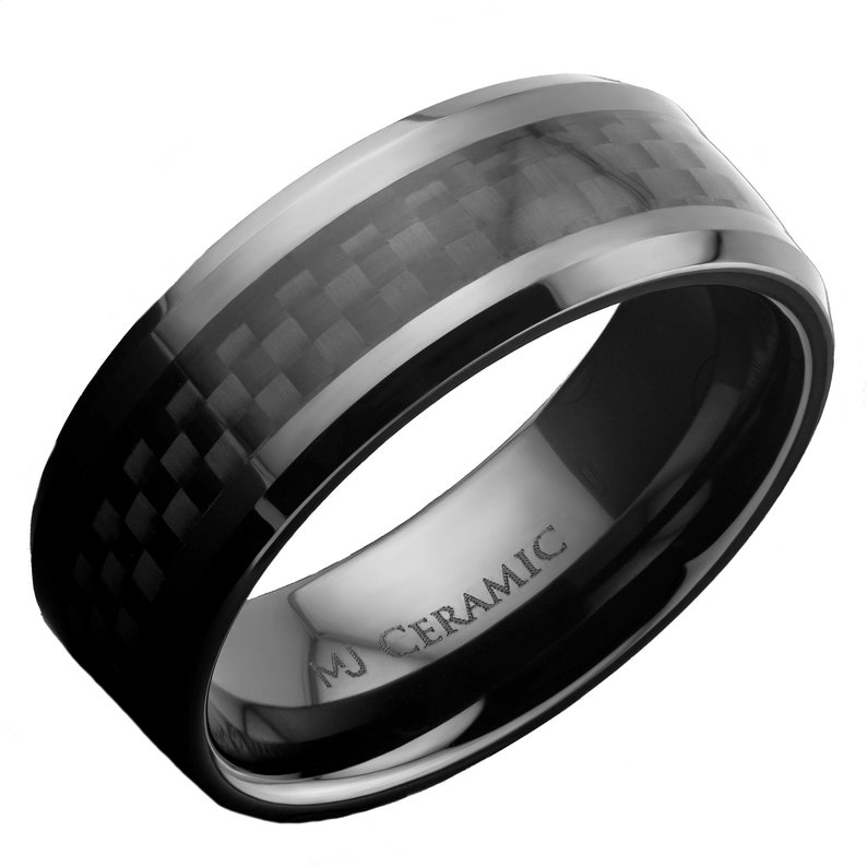 8mm Black Ceramic Carbon Fiber Wedding Band Comfort Fit Ring Flat with Recessed edges or half Dome style image 4