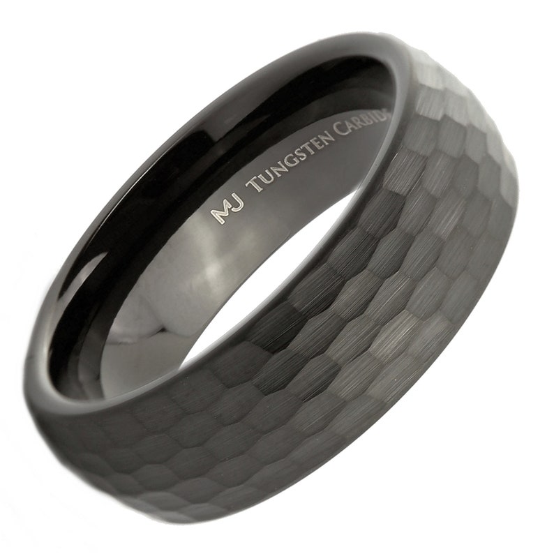 Black Plated brushed Hammered Honeycomb Pattern Tungsten Carbide Classic Wedding Band Ring. Free Laser Engraving. 4mm 6mm 8mm widths 8mm