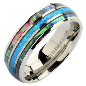 Stainless Steel Polished or Black Plated 6mm or 8mm Faux Blue Opal with Abalone. FREE LASER ENGRAVING