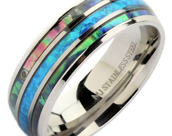 Stainless Steel Polished or Black Plated 6mm or 8mm Faux Blue Opal with Abalone. FREE LASER ENGRAVING